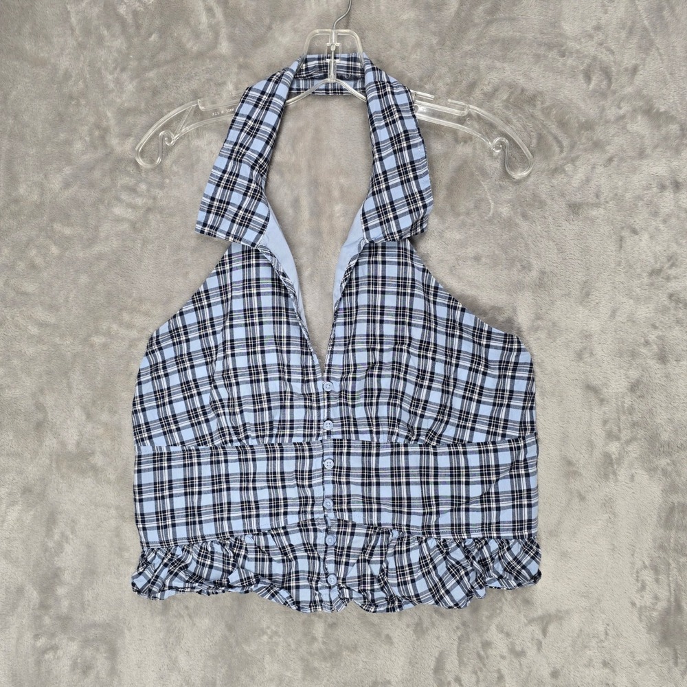 Hollister Halter Top Women Large Blue Plaid Button Up Ruffle Collared Preppy Y2K